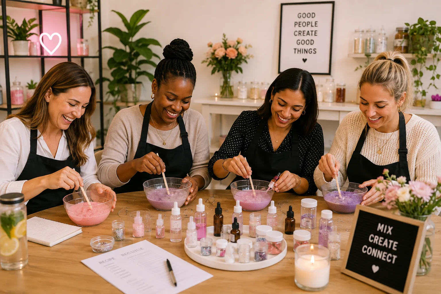 Adults mixing and creating at a Cosmetics Club evening workshop