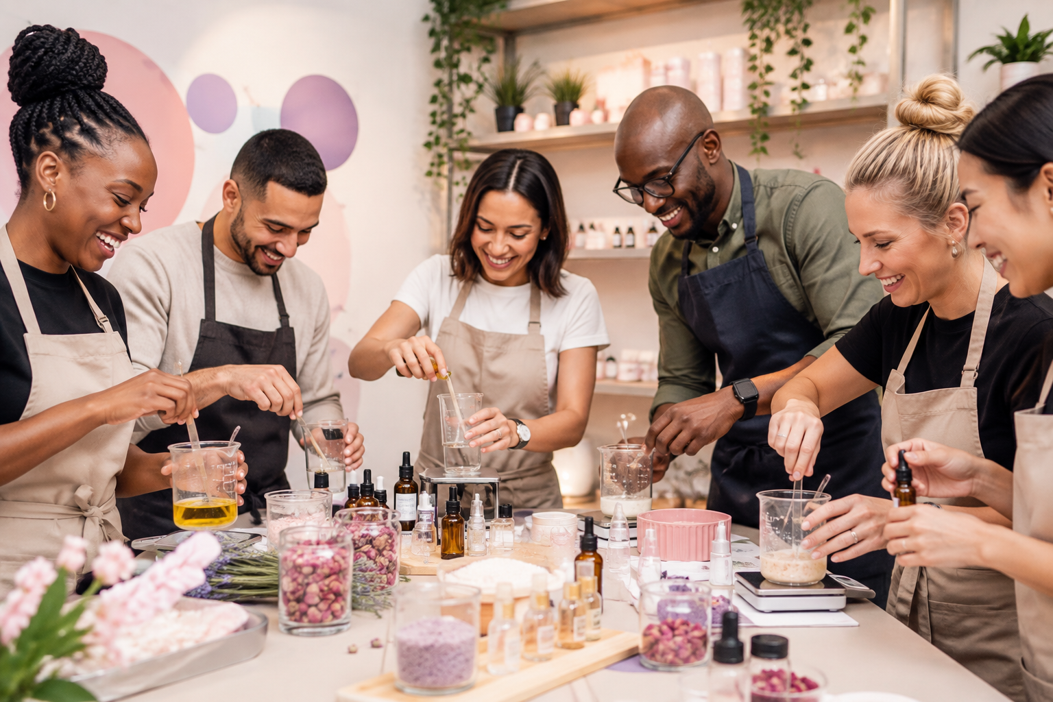A corporate team in aprons laughing and mixing cosmetic ingredients together at a Cosmetics Club team building experience