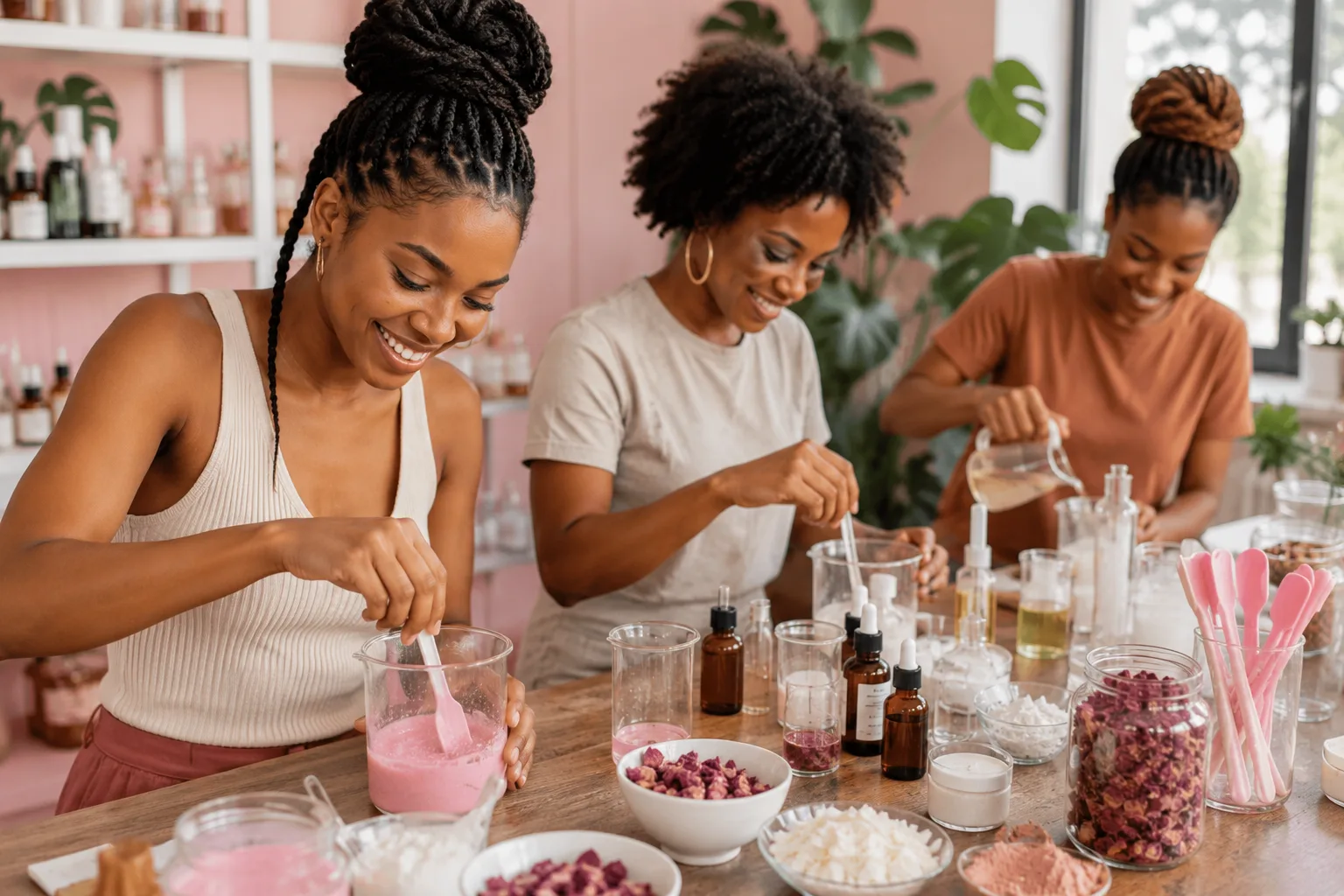 Creators stirring and pouring cosmetic mixtures at a Cosmetics Club workshop bench