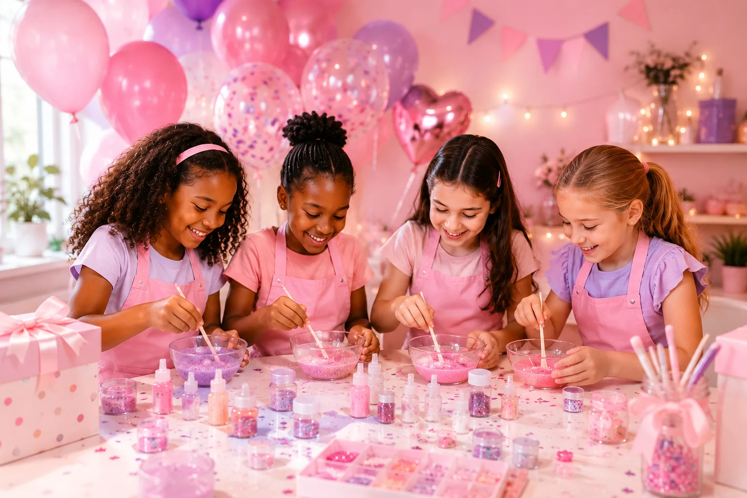 Children creating their own cosmetics at a pink-themed Cosmetics Club birthday party