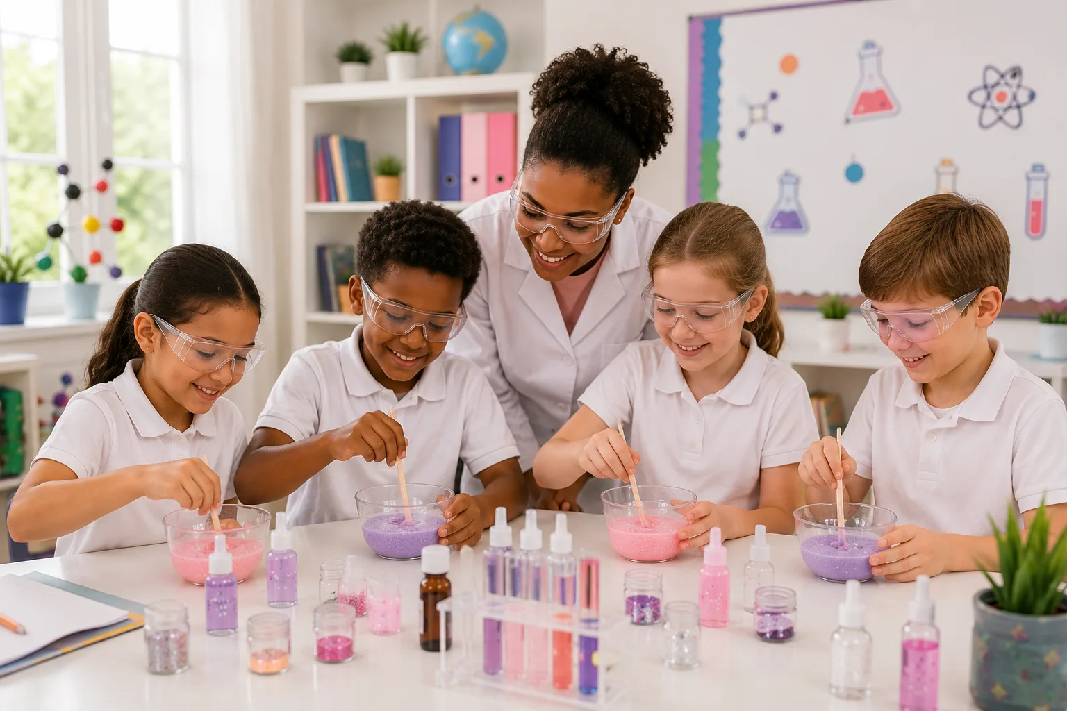 Learners in safety goggles mixing cosmetics with a formulator in a classroom